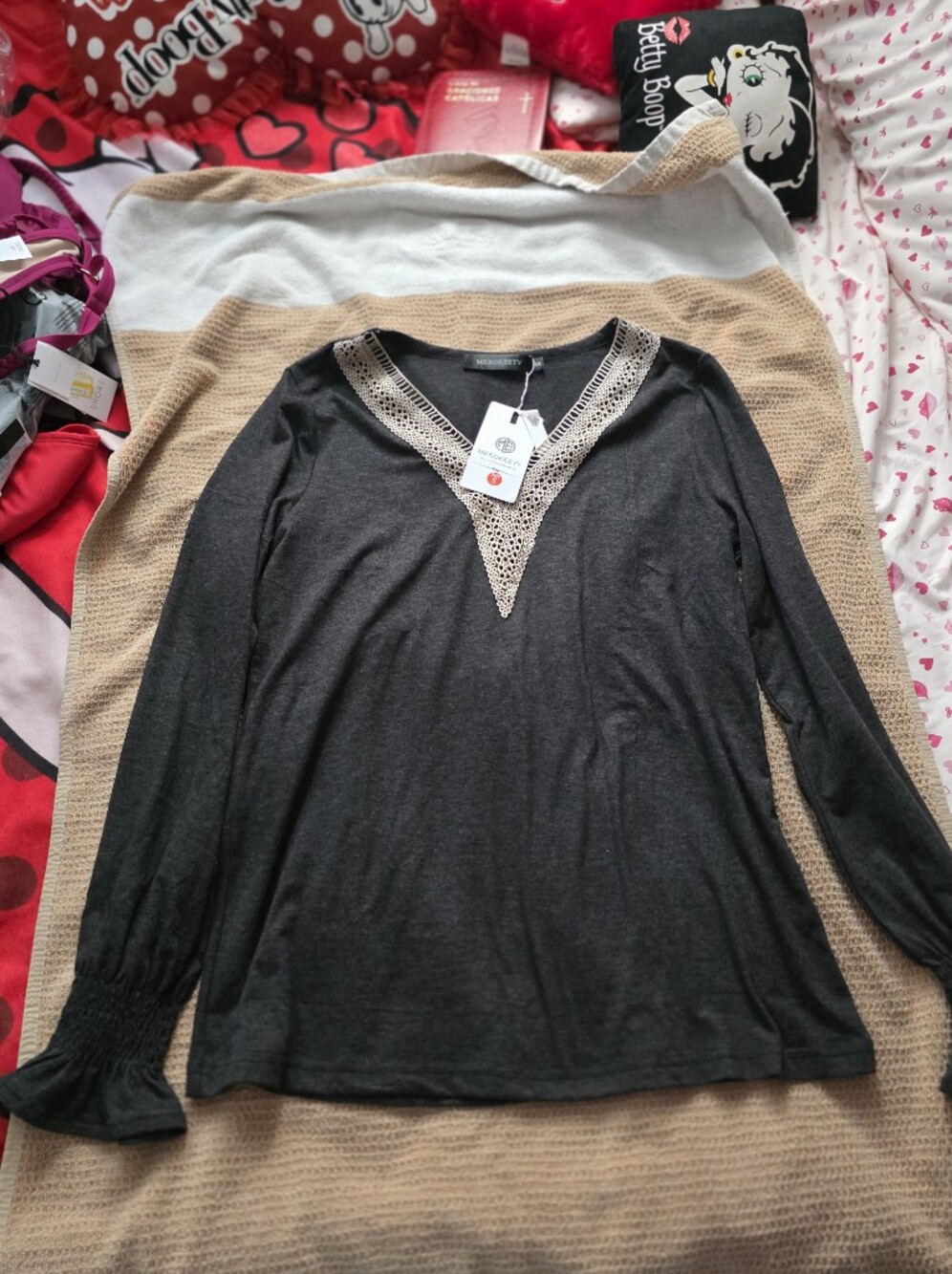 Women’s Black Long Sleeve Sweater with Crochet V-Neck